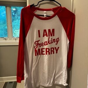 I am freaking merry funny holiday Christmas baseball shirt 3/4 length sleeves